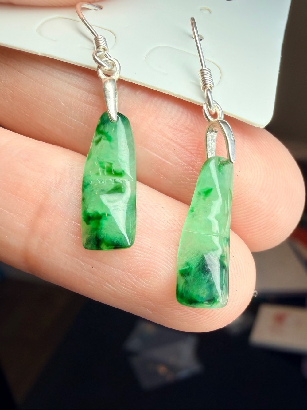 Natural Burmese Jadeite Jade A Grade Bamboo Earrings โ Icy Vivid Green